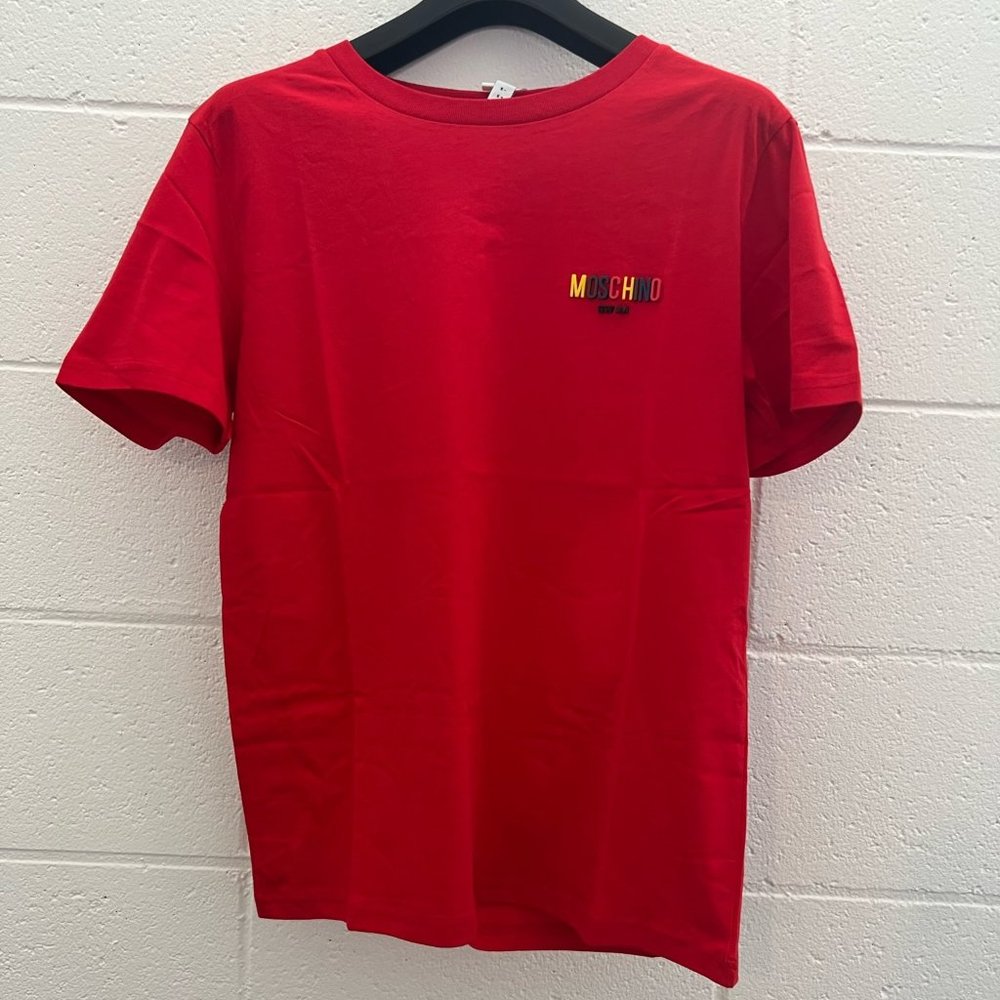 AW20 Moschino Swim Jeremy Scott Red Cotton T-shirt with 3D Multi-color Logo